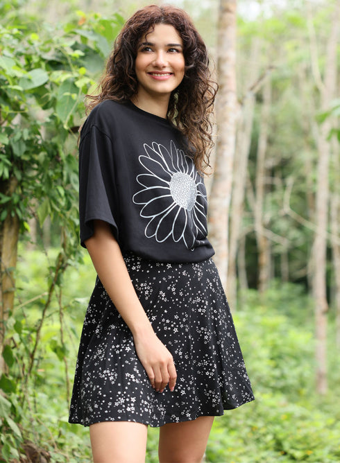Metallic Flower Printed Black T-shirt