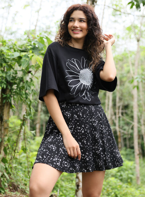 Metallic Flower Printed Black T-shirt