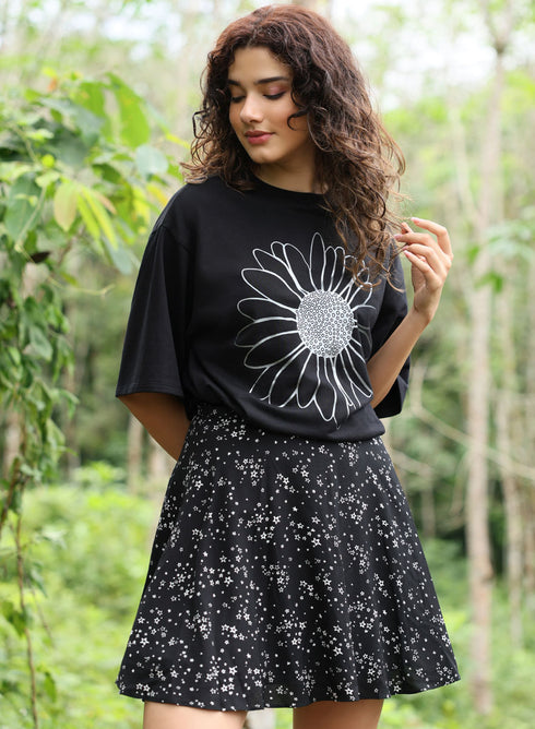 Metallic Flower Printed Black T-shirt