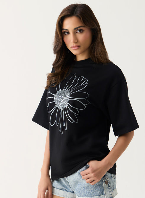 Metallic Flower Printed Black T-shirt