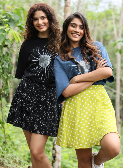 Metallic Flower Printed Navy Blue T-shirt