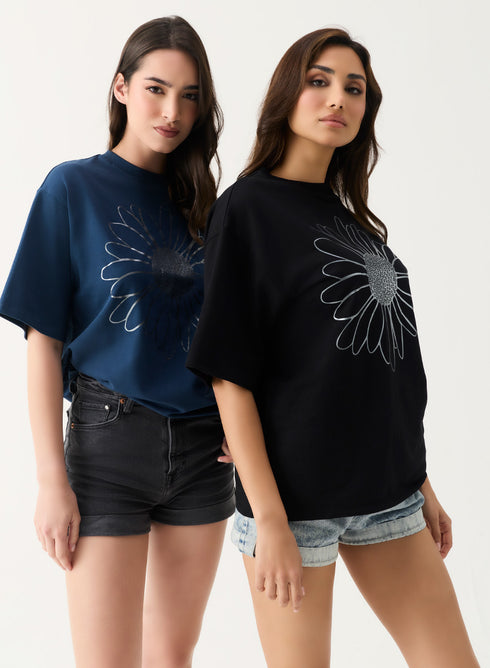 Metallic Flower Printed Black T-shirt