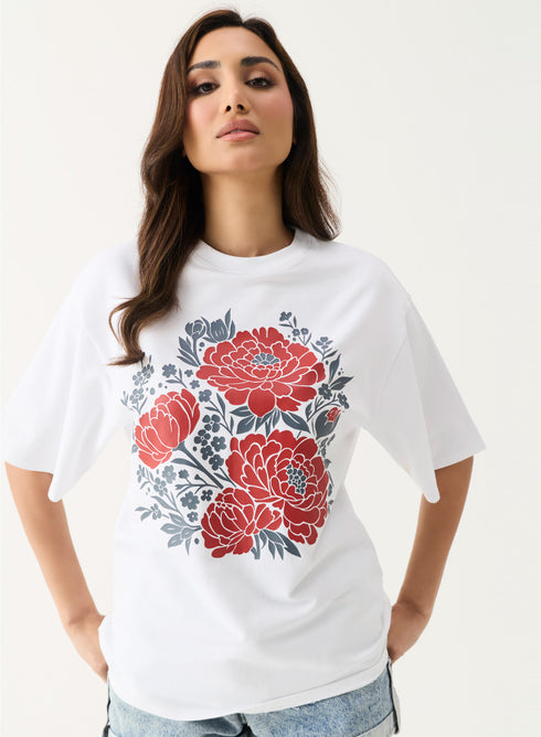 Floral Printed Oversized White T-shirt