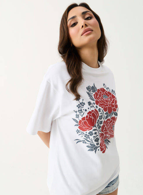 Floral Printed Oversized White T-shirt
