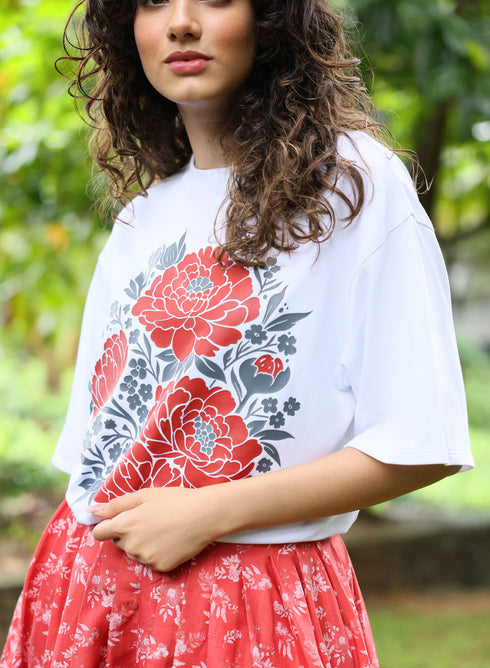 Floral Printed Oversized White T-shirt