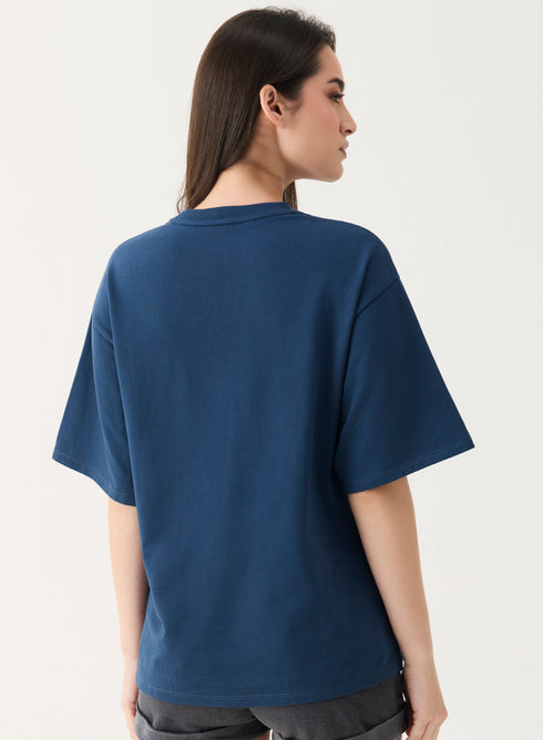 Metallic Flower Printed Navy Blue T-shirt