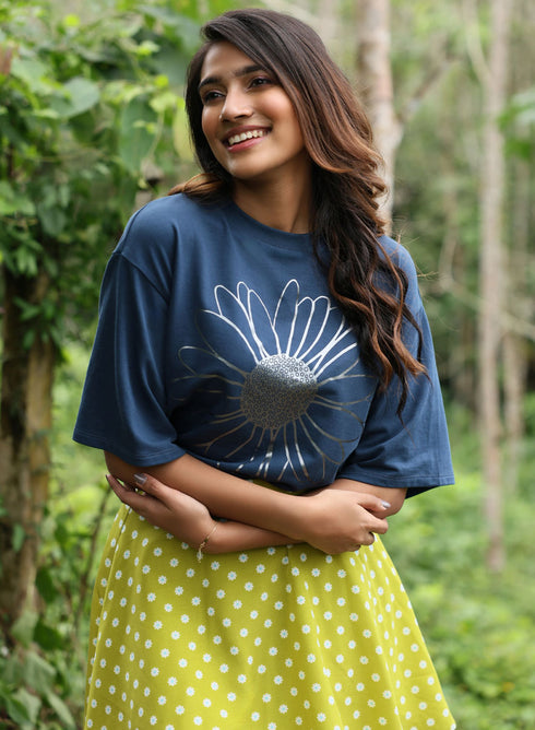 Metallic Flower Printed Navy Blue T-shirt