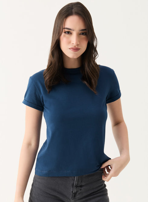 Crew Neck Turnup Sleeve Blue T-shirt