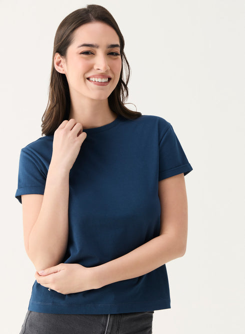 Crew Neck Turnup Sleeve Blue T-shirt
