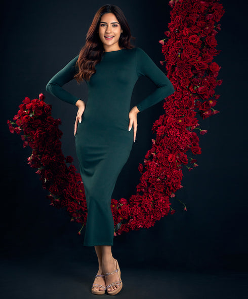 Long Sleeve Bodycon Green Midi Dress