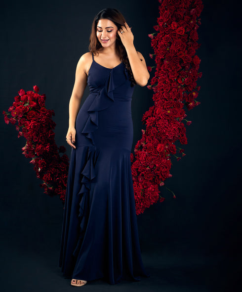 Navy Blue Frilled Maxi Dress
