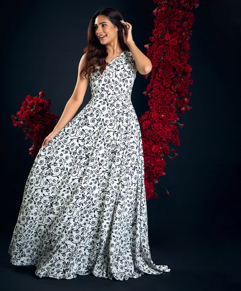 One Shoulder White Printed Maxi