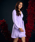 V Neck Lavender Lantern Sleeve Chiffon Dress