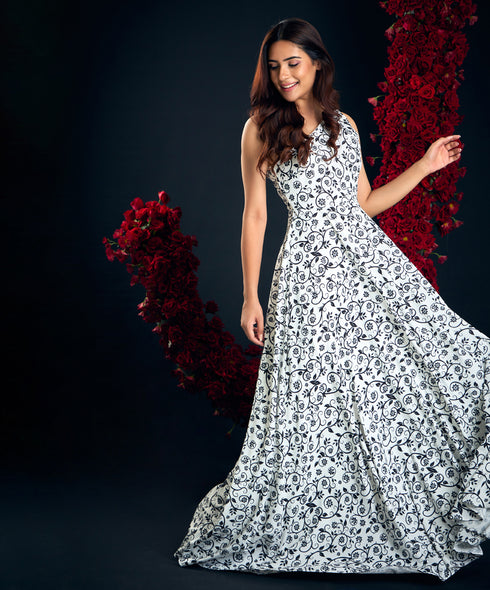 One Shoulder White Printed Maxi