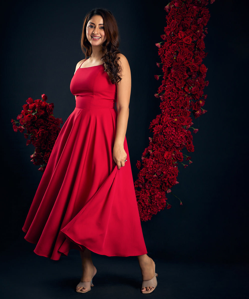 Amona Mix Fabric Dress - Maroon