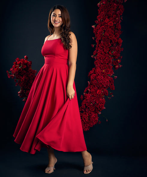 Midi Strap Attached Satin Maroon Dress