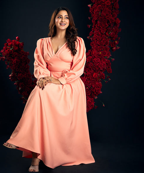 Puffed Large Sleeve Orange Midi Dress