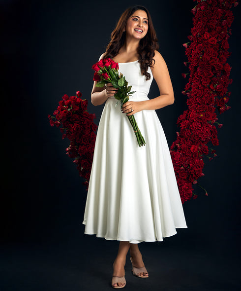 Waist less White Swing Midi Dress