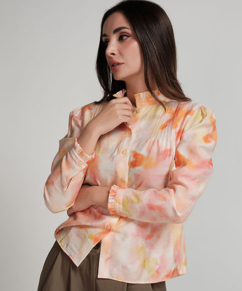 Pintuck Detailed Shaded Orange Printed Top