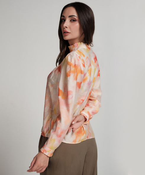 Pintuck Detailed Shaded Orange Printed Top