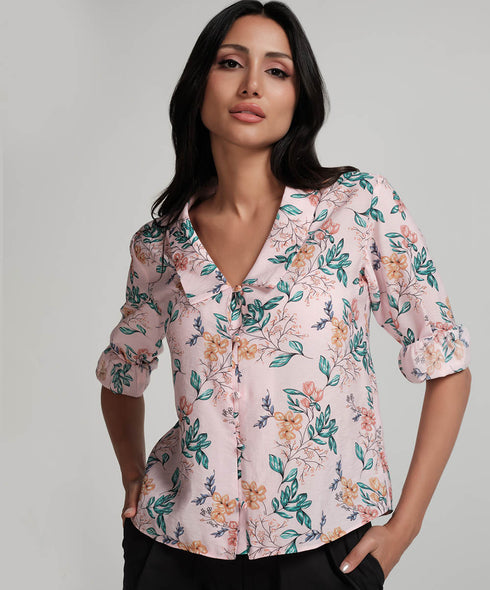 Large Collared Vneck Printed Pink Top