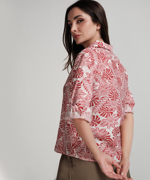 Large Collared Vneck Printed Red Top