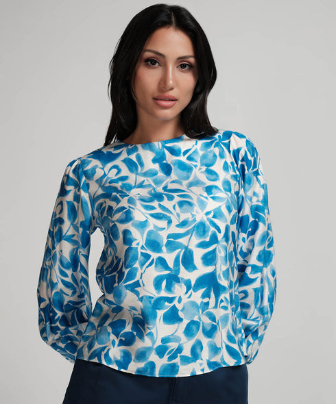 Printed Puffed Sleeve Blue Top