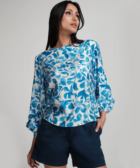 Printed Puffed Sleeve Blue Top