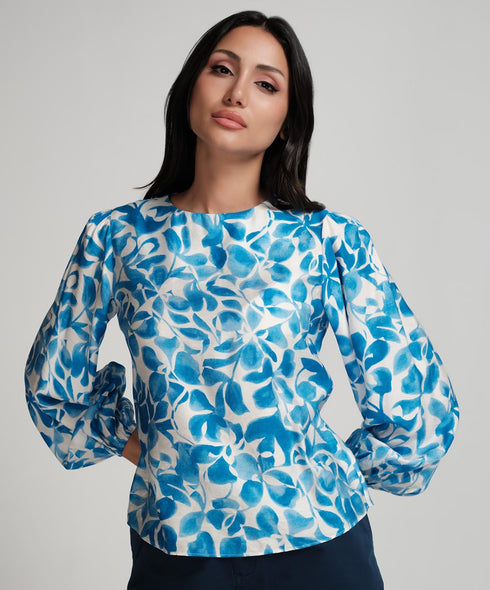 Printed Puffed Sleeve Blue Top