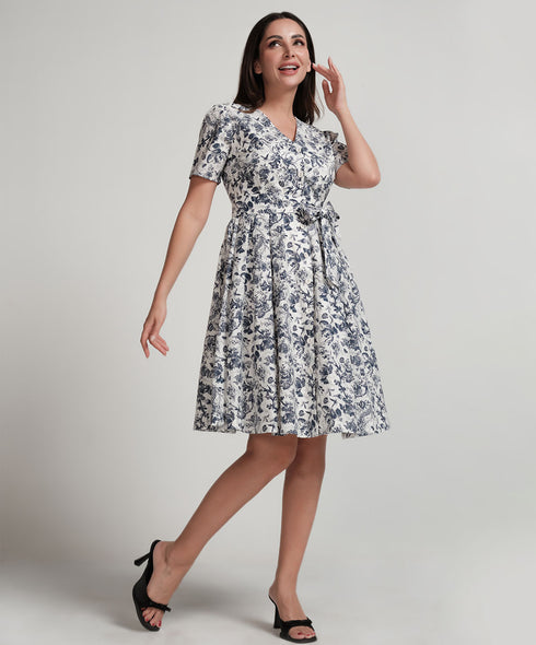 Vneck Printed Waist Tie Dress