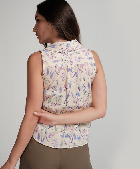 Beige Notch Neck Floral Curved Hem Blouse