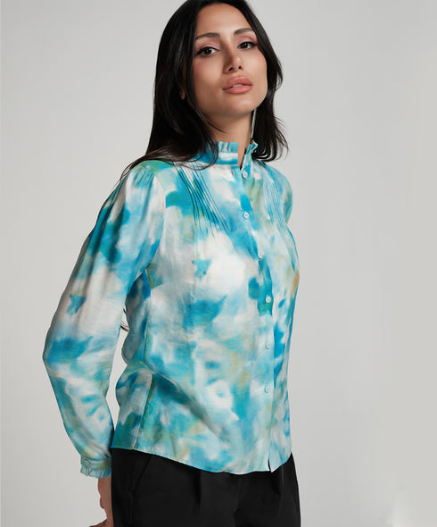 Pintuck Detailed Shaded Blue Printed Top
