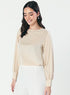 Neck Scalloped Long-Sleeve Light Beige Top