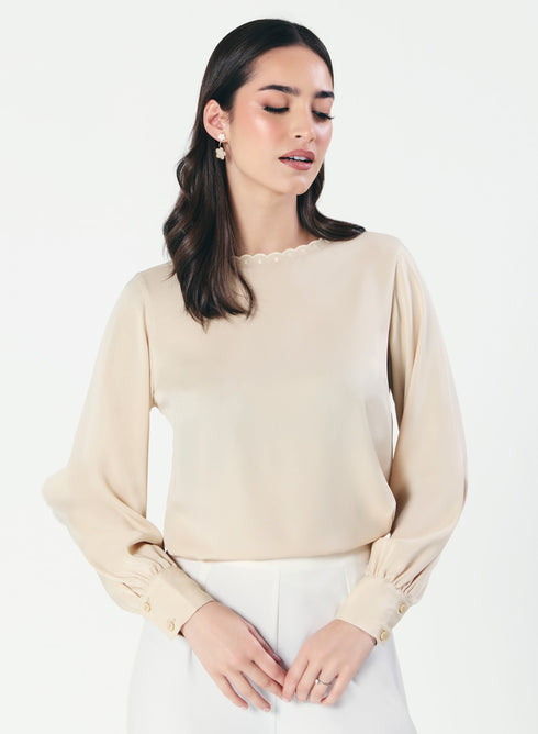 Neck Scalloped Long-Sleeve Light Beige Top