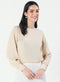 Neck Scalloped Long-Sleeve Light Beige Top