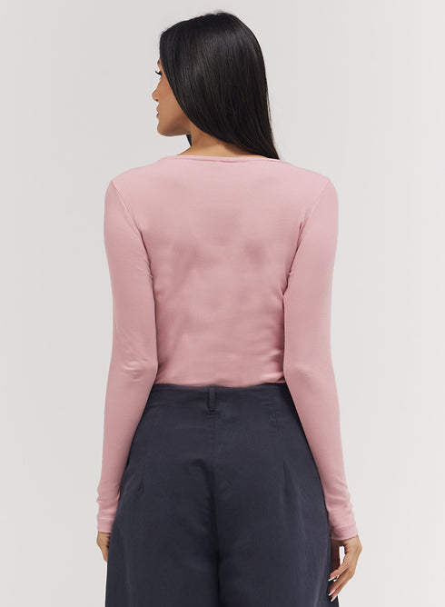Rib Long Sleeve Top - Salmon Pink