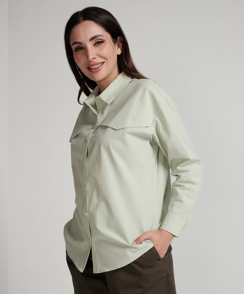 Drop Shoulder Button Front Green Shirt