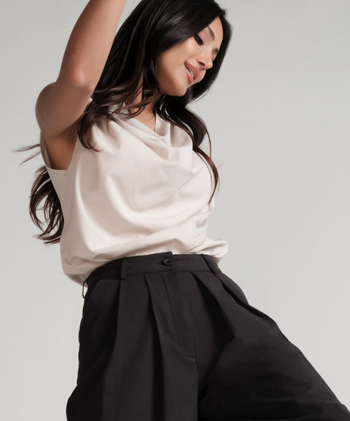 Beige Cowl Neck Top With Shoulder Pleats