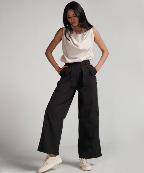 Flared Comfy Side Pocket Black Pant