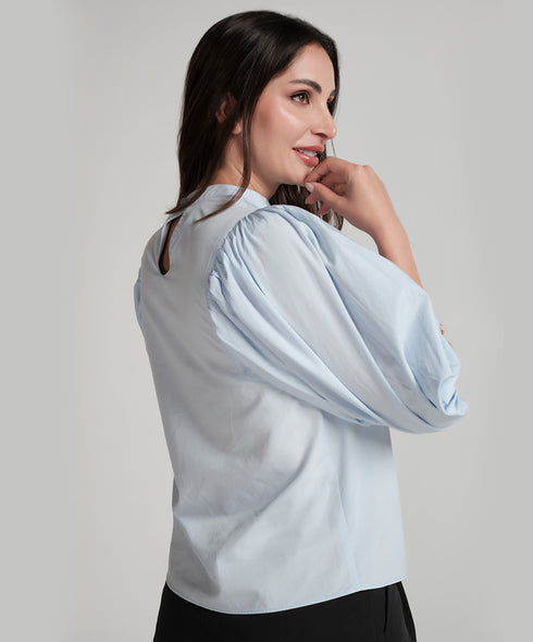 High Neck Sleeve Side Gathered Blue Top