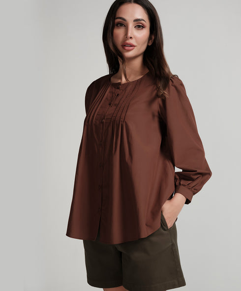 Front Pintucked Round Neck Brown Top