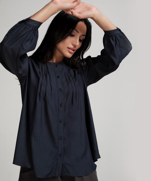 Front Pintucked Round Neck Blue Top