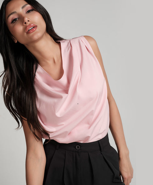 Pink Cowl Neck Top With Shoulder Pleats