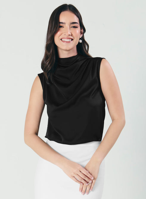Pleated Cowl Satin Sleeveless Black Top