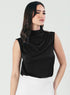 Pleated Cowl Satin Sleeveless Black Top