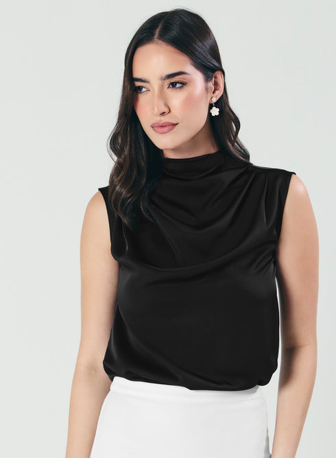 Pleated Cowl Satin Sleeveless Black Top
