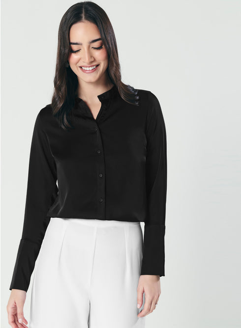 Cuff Detailed Elegant Black Satin Shirt