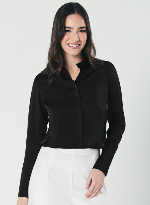 Cuff Detailed Elegant Black Satin Shirt