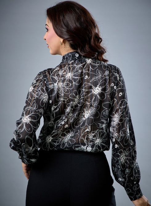 Front Tie Neck Long Sleeve Top