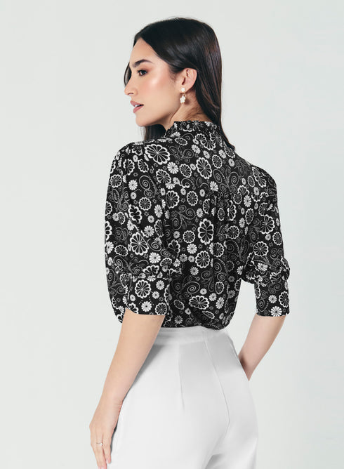 Printed Black White Three Quarter Top